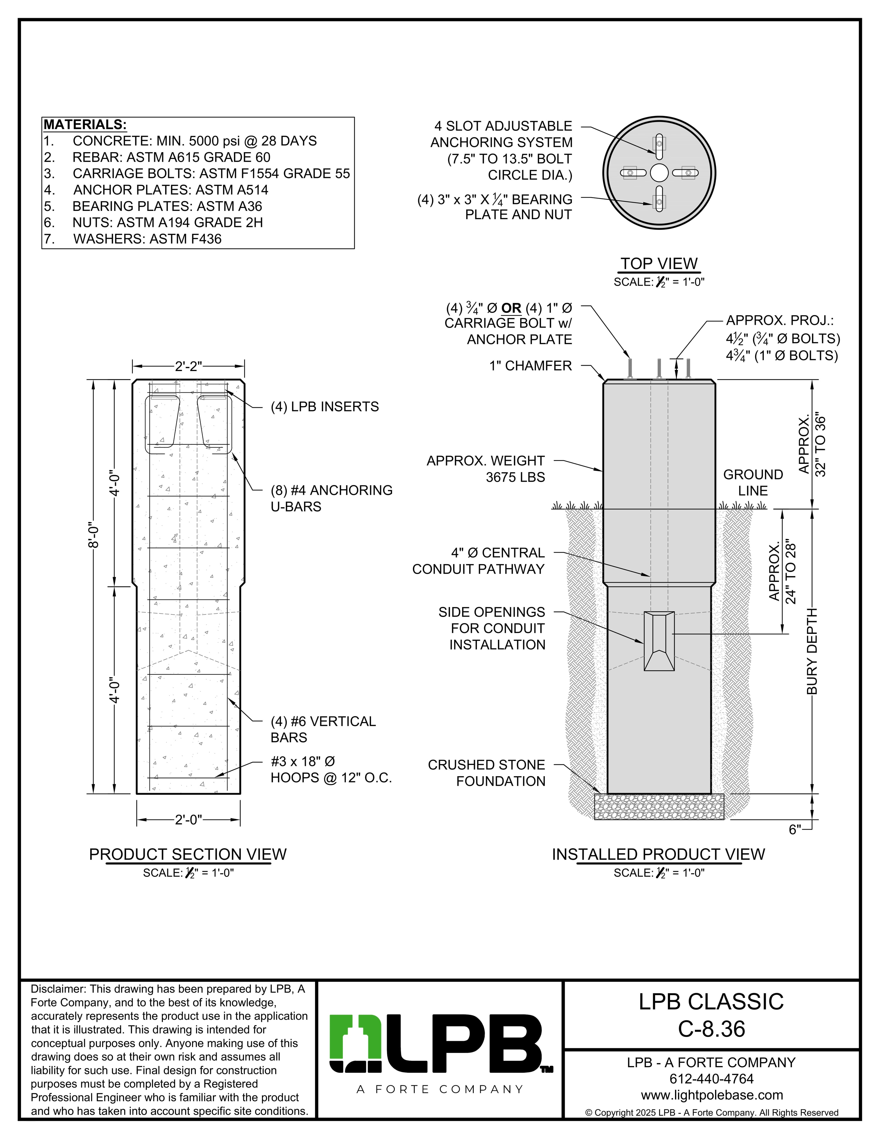 LPB Classic C-8.36 engineering diagram showing product section view, installed product view, top view, and materials list